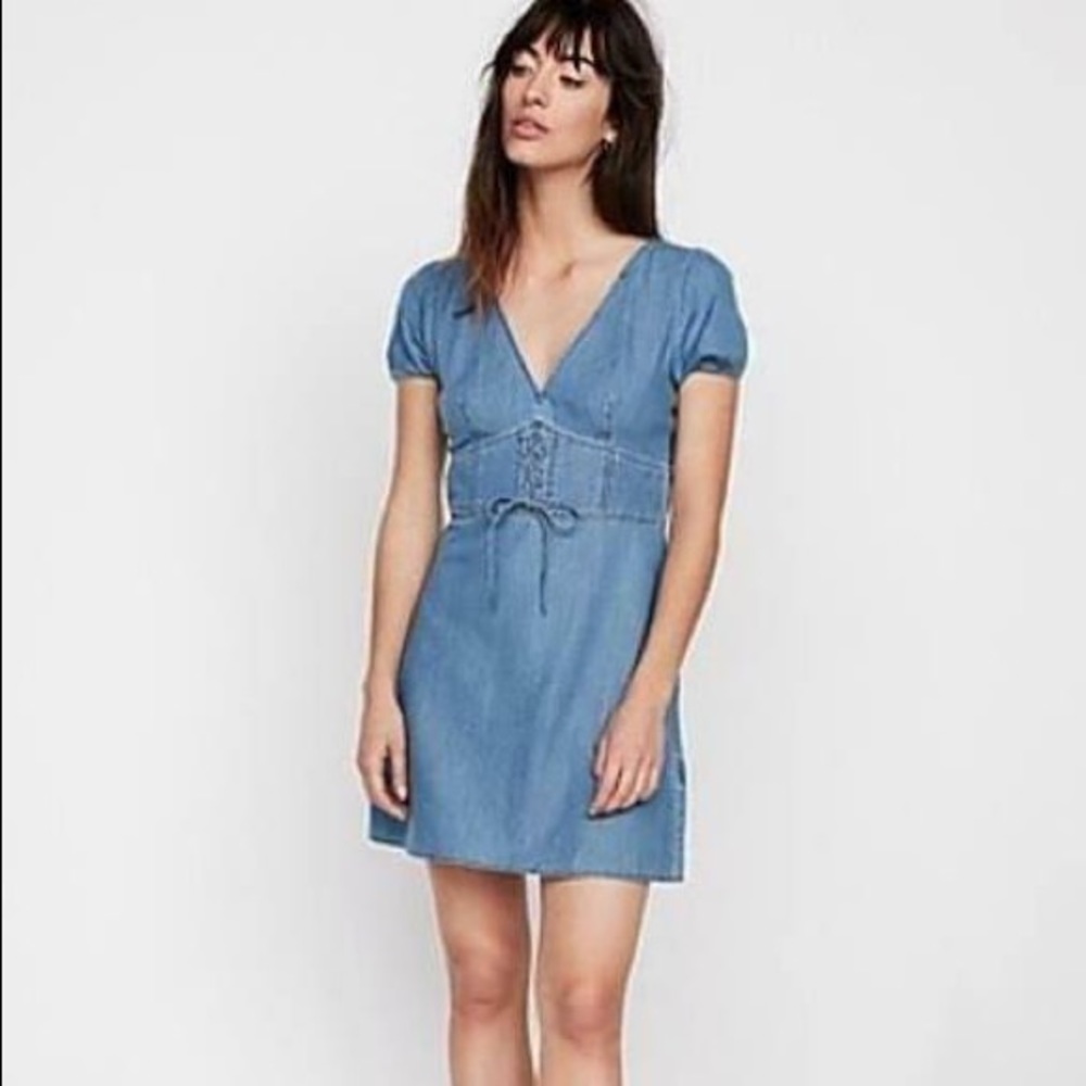 Puff sleeve denim corset dress